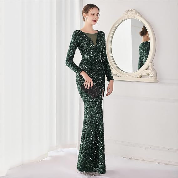MAOXIANGSHOP popular New solid color chest wrap sequined high waist temperament commuting sweet long dress waist long dress split dress