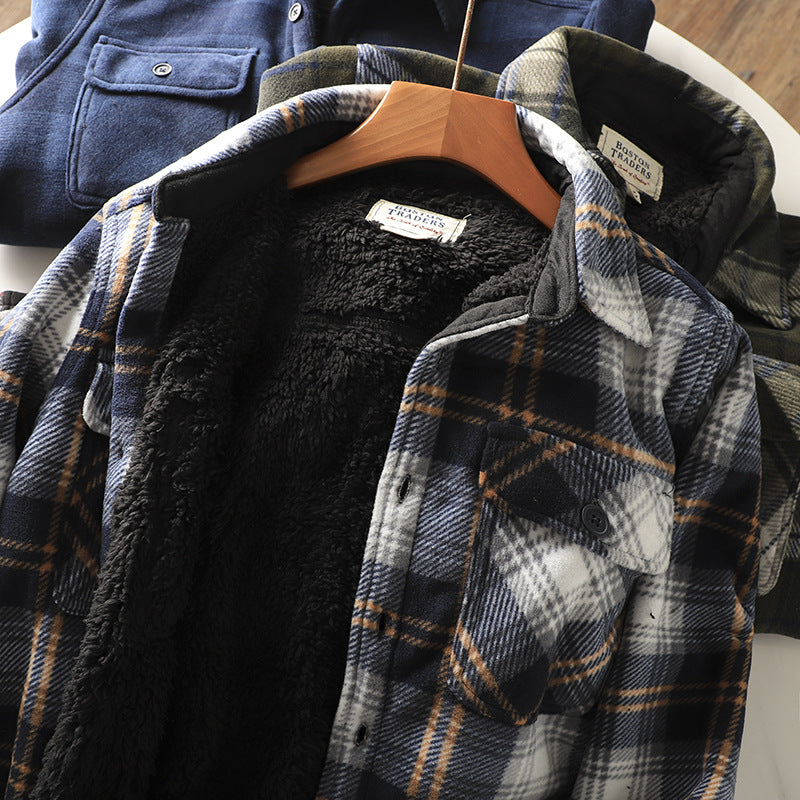 maoxiangshop-shop fall mens outfits Autumn and Winter Men's Fleece-lined Thickened Warm Loose Lamb Wool Flannel Plaid Shirt
