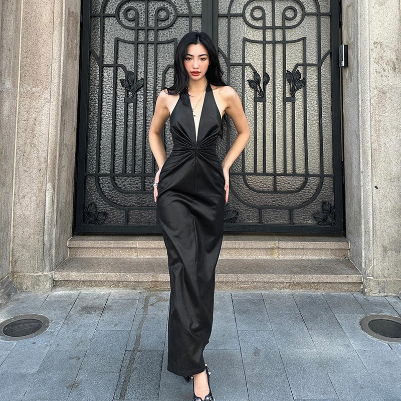 maoxiangshop-shop dress to impress PU Leather High-Grade Elegant Halter Dress New Nightclub Hot Girl Sexy Deep V Backless Sheath Dress