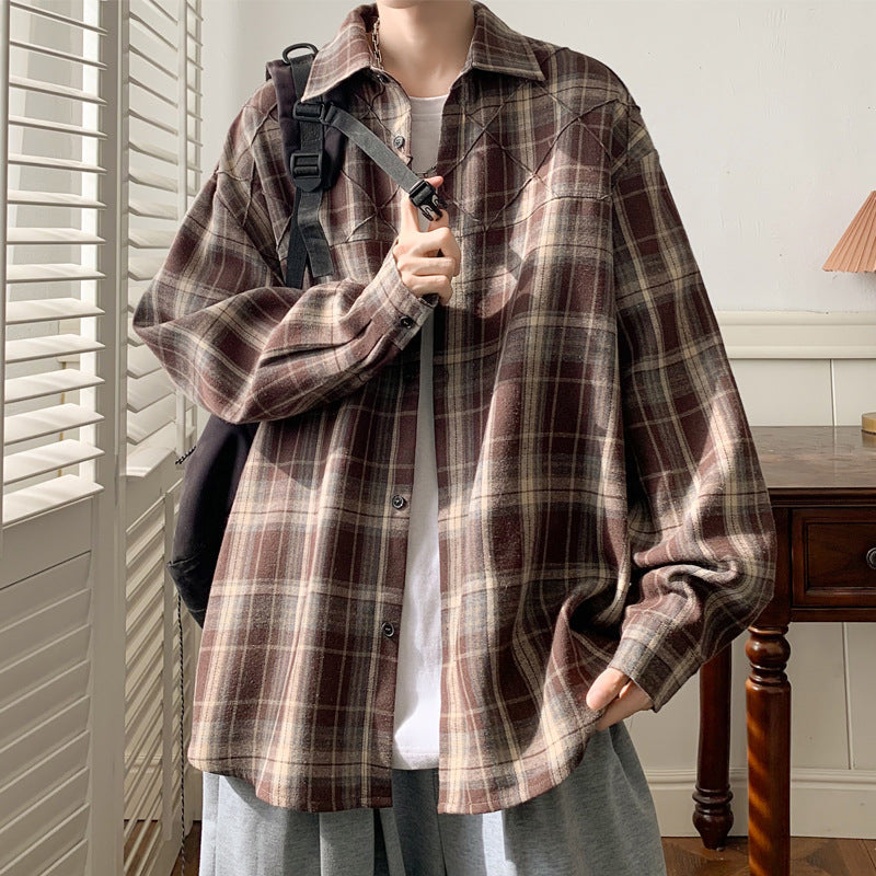 maoxiangshop-shop mens fall outfits Plaid Shirt Men's New Four Seasons Loose Retro Brushed Long Sleeve Shirt Korean Casual plus Size Coat