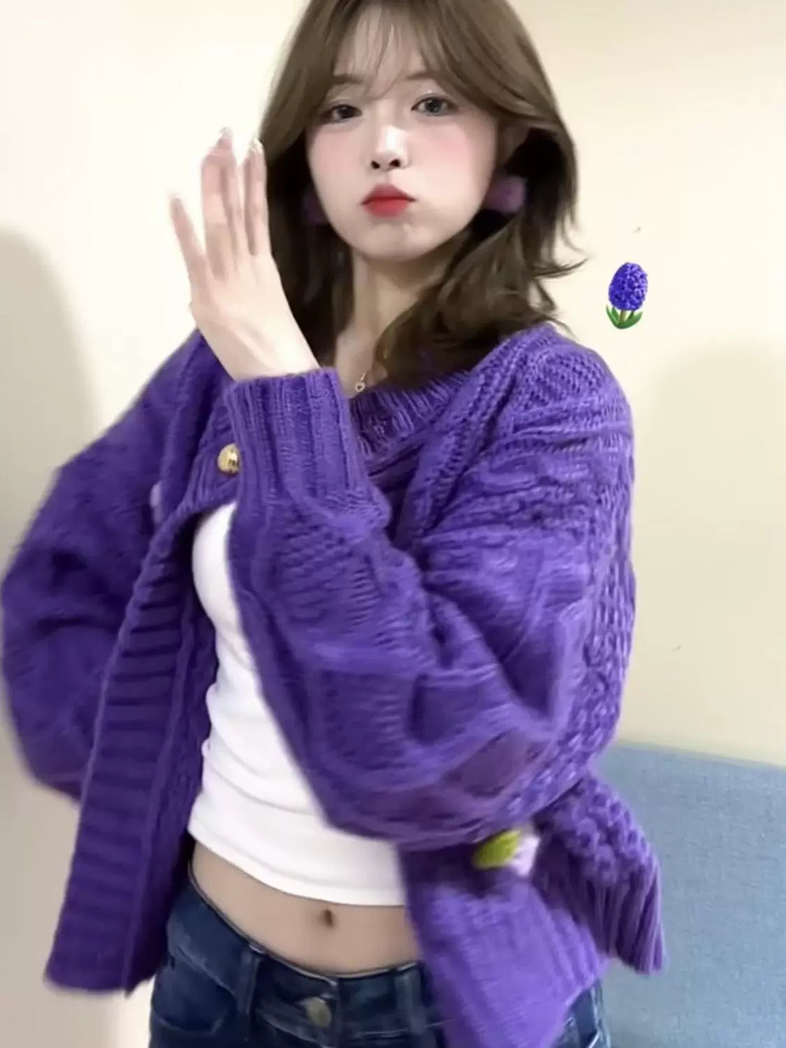 Hancheng Raiders, autumn and winter retro embroidered rough knitted top, grape purple loose and thin long-sleeved super comfortable cardigan