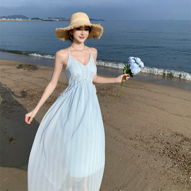 2025 Blue sleeveless suspender dress children's summer new high-end super fairy seaside vacation beach dress