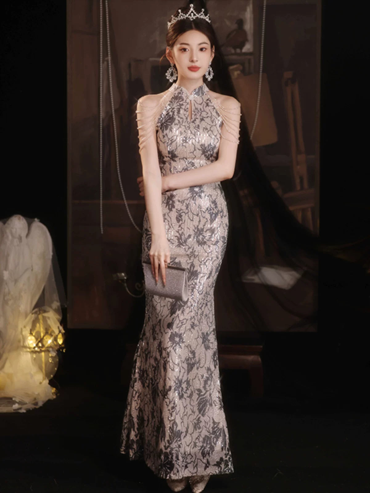 High-end evening dress women's high-end banquet temperament light luxury niche host fishtail sequined graduation dress autumn