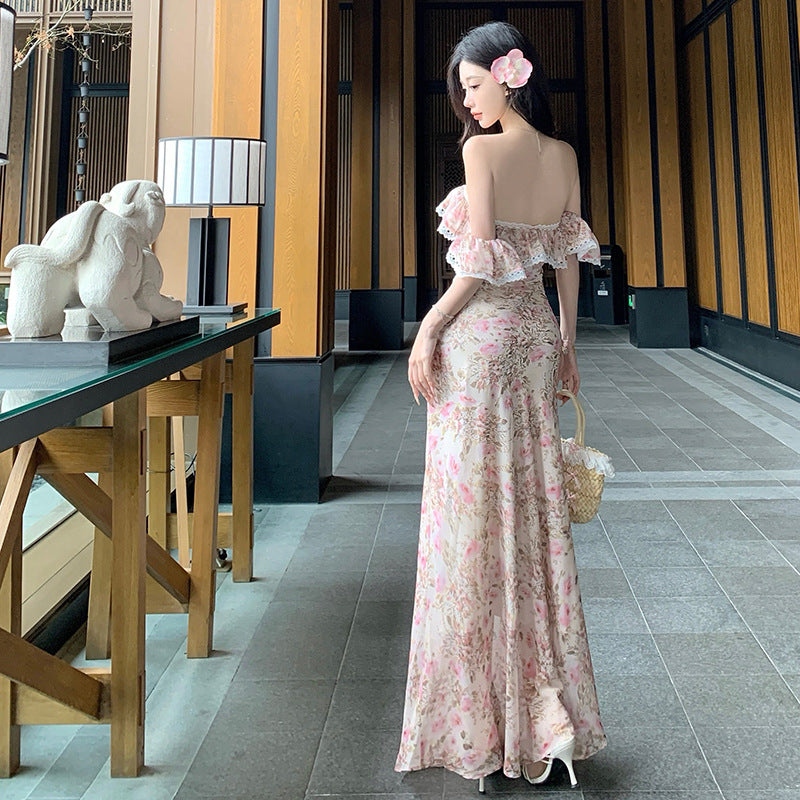 One-word shoulder floral coffee break dress women's summer vacation gentle wind long dress waist beautiful temperament skirt