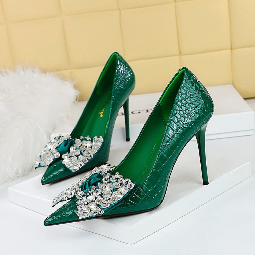 2025 3391-H9 Korean version of fashion banquet high heels thin heel super high heel shallow mouth pointed rhinestone bow single shoes women