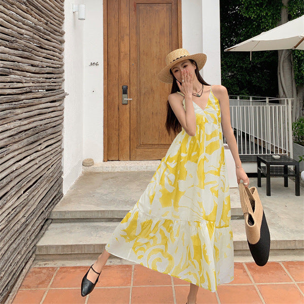 2025 Dopamine ink dyed blue suspender skirt, loose feeling, big pendulum, elegant long skirt, vacation style travel beach island skirt