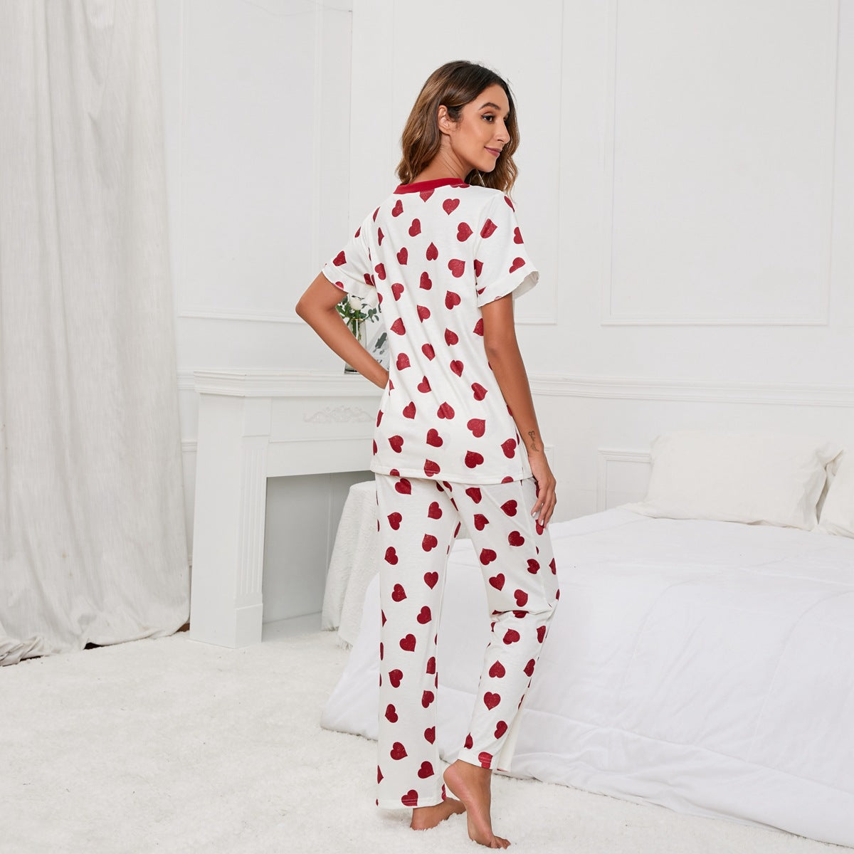 MAOXIANGSHOP 2025The new Popularan, 2025n and Popular trade New women's love printing round neck T-shirt casual set homewear, factory direct sales