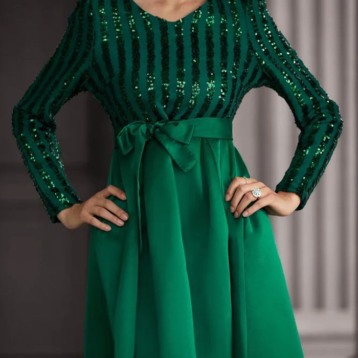 MAOXIANGSHOP popular New new sequins temperament commuting solid color mid-waist red beads host banquet dress evening dress