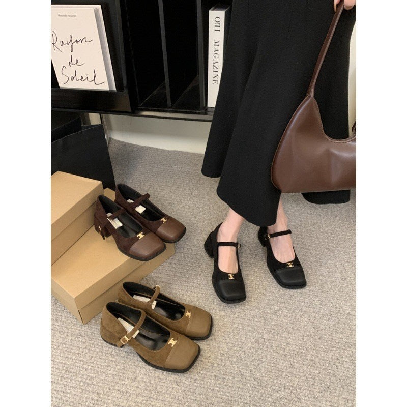 2025 Thick heel square head Mary Jane shoes suede popular new spring medium heel small leather shoes splicing one-word buckle strap single shoes women