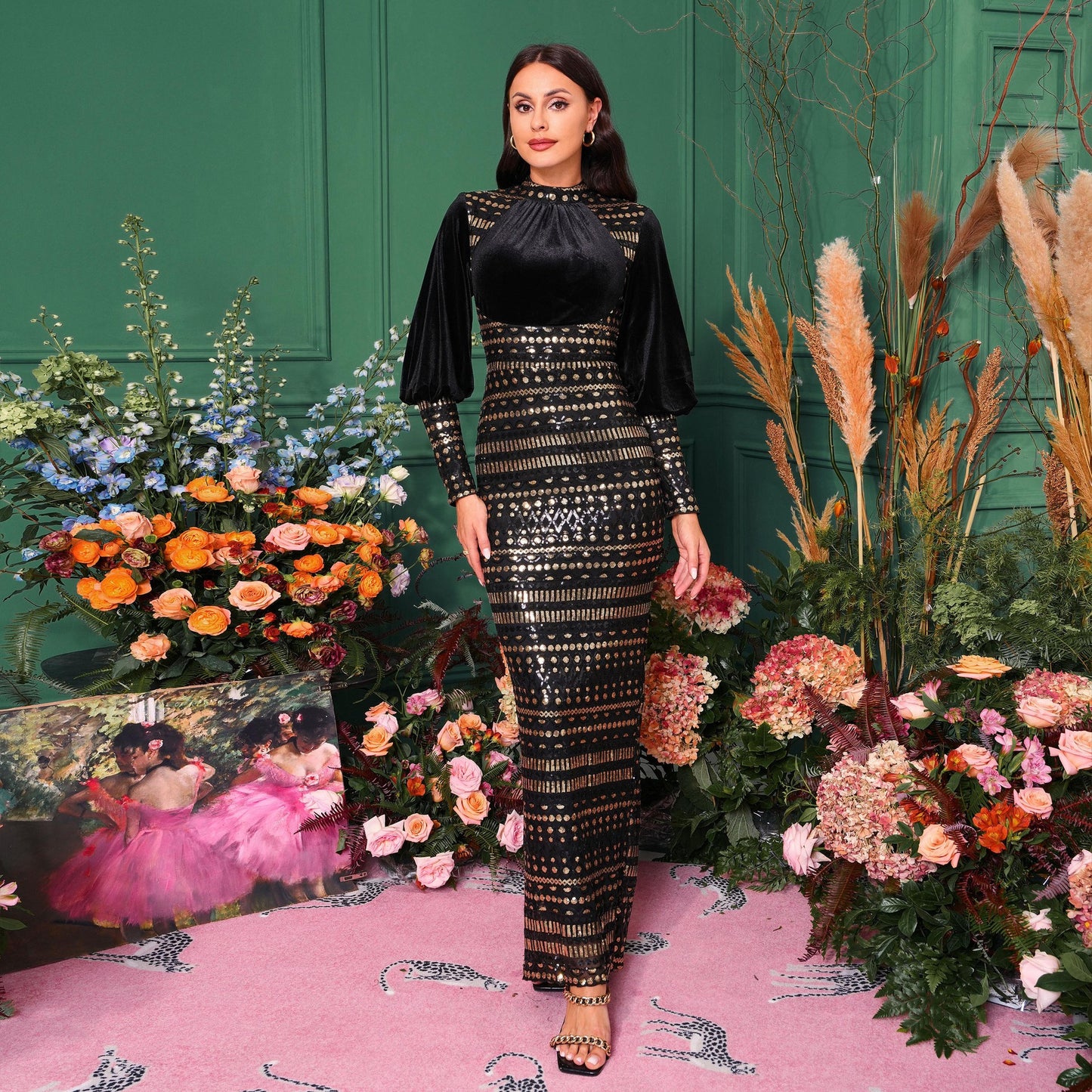 2025 new high-end long-sleeved crew neck banquet sequined hip-wrapped split evening dress bridesmaid dress women