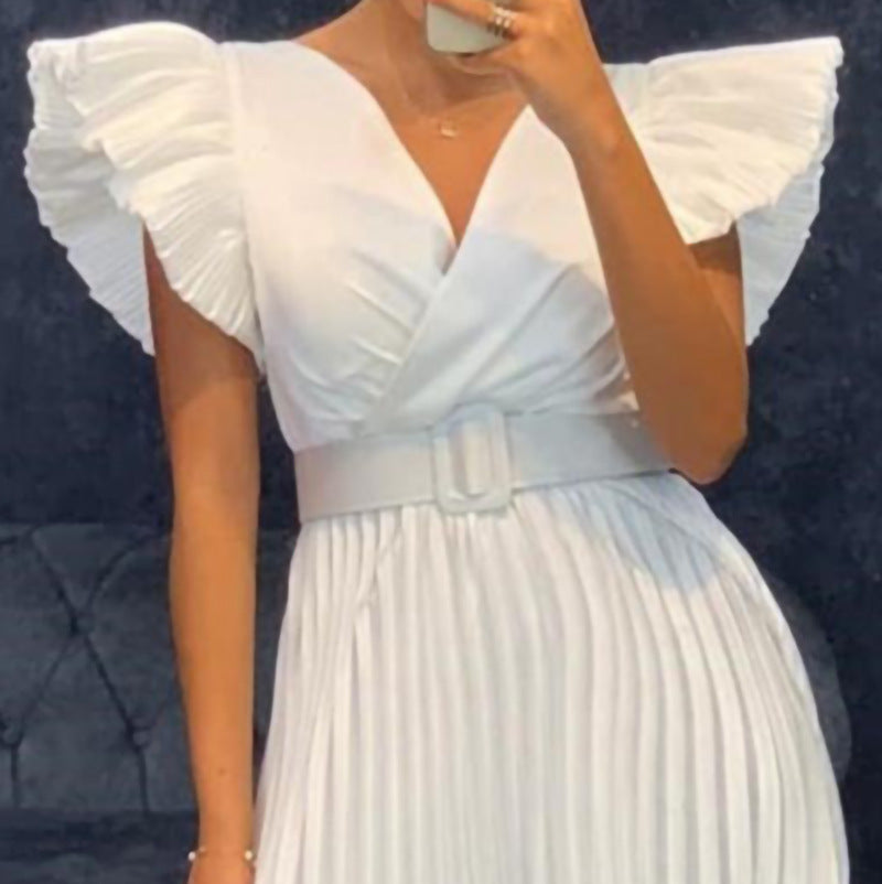 2025 D215 free belt 2025 new summer V-neck waist pleated temperament commuting Popular trade large size New dress