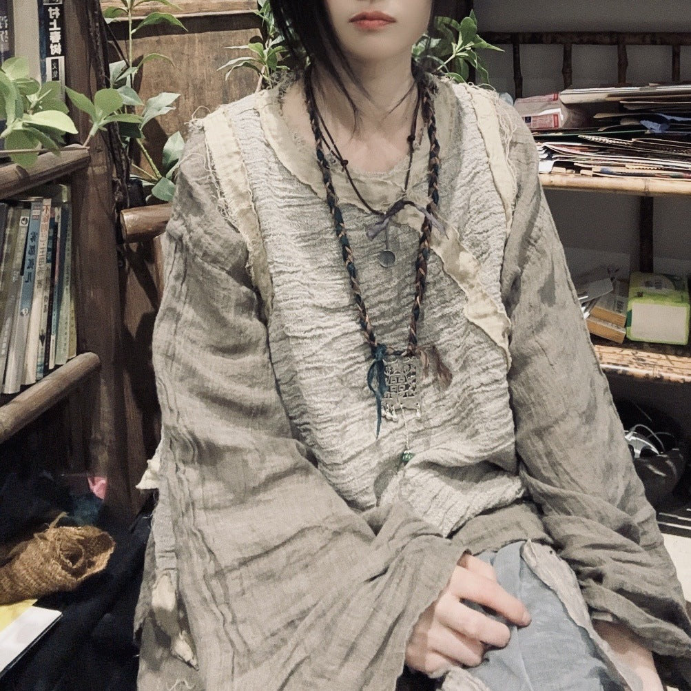 2025 24/4 SN49 Chan, literary and leisure short burr edge contrasting color-dyed linen splicing sleeve vest