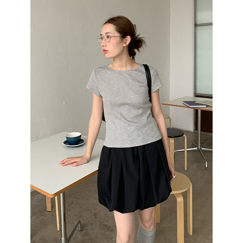2025 kink backless design short-sleeved T-shirt women's 2025 summer Korean simple solid color top 015AX