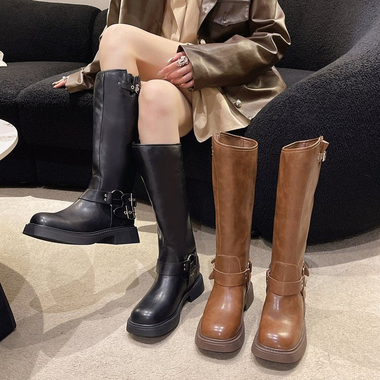 2025 Skinny long knight boots women's tall tube popular new autumn and winter thick-soled long tube but knee boots