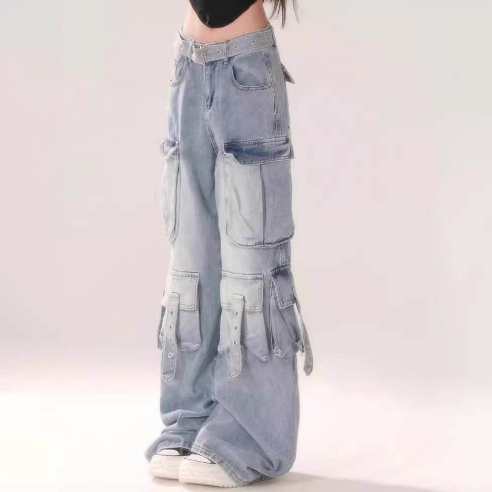 2000s fashion New Blue Pattern Cheese Hot Girl Blue Light Color Gradient Multi-Pocket Workwear Jeans Women's Trousers