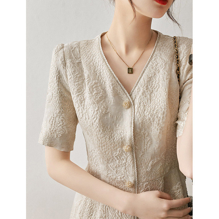 2025 Mulberry silk dress, new Chinese silk skirt summer new women's clothing waist and thin V-neck bubble sleeves