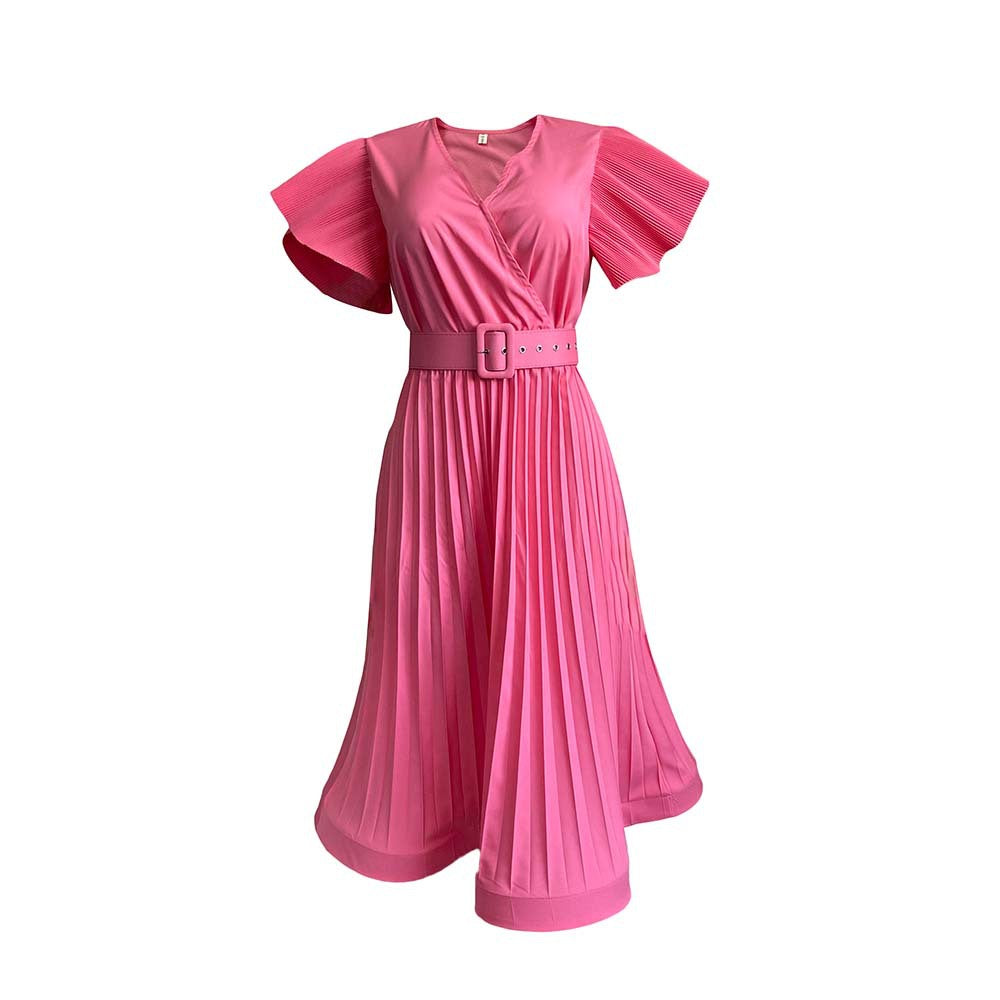 2025 D215 free belt 2025 new summer V-neck waist pleated temperament commuting Popular trade large size New dress