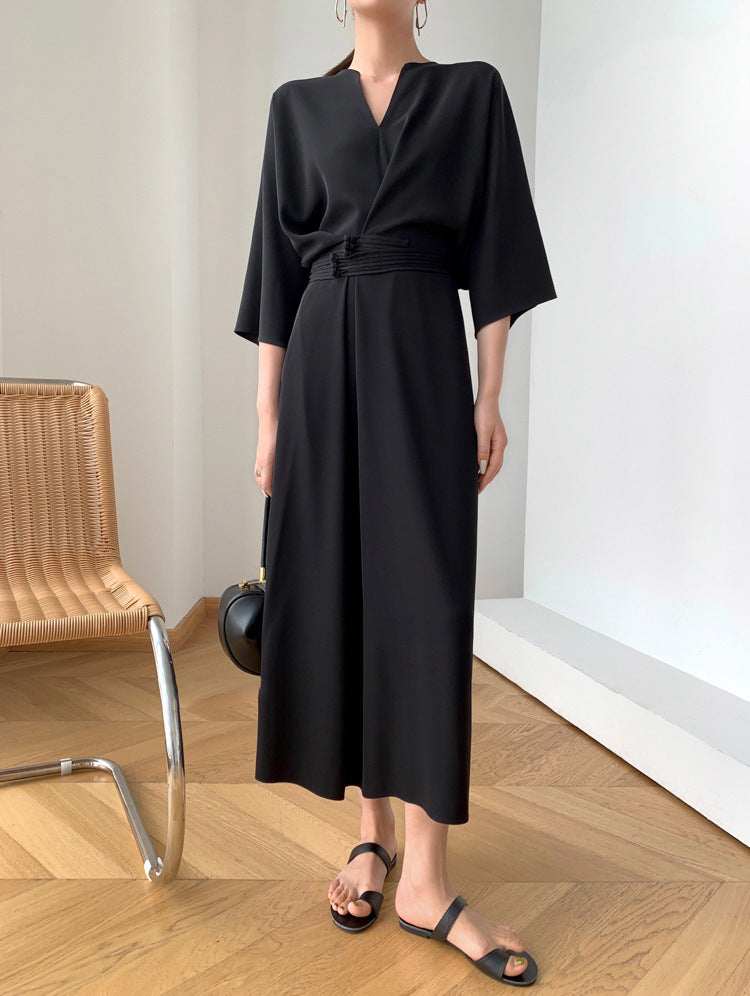 2025 2022 summer new women's clothing retro national style handmade buckle solid color v-neck dress high waist thin solid color dress