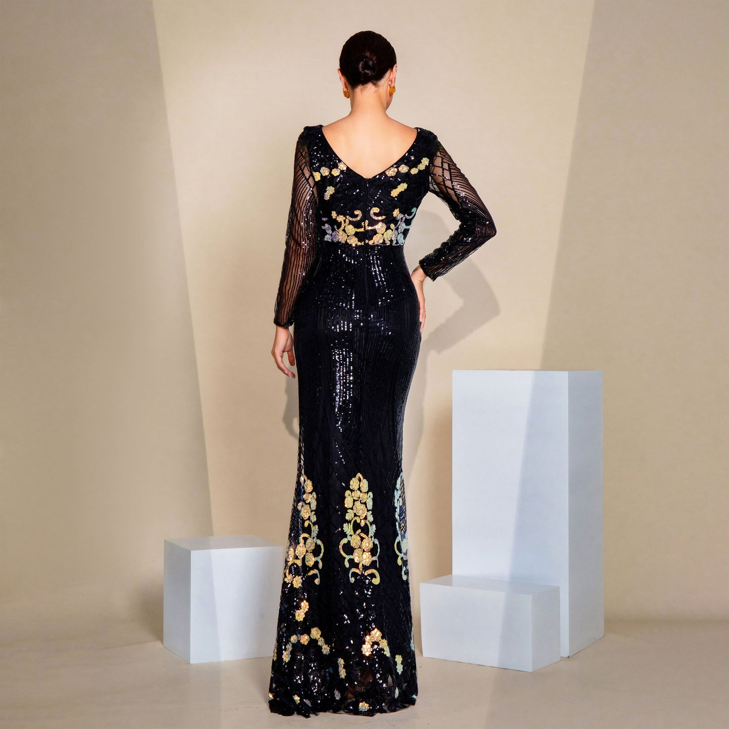 2025 high-end temperament sexy long sequins long sleeves crew neck banquet evening dress bridesmaid dress women