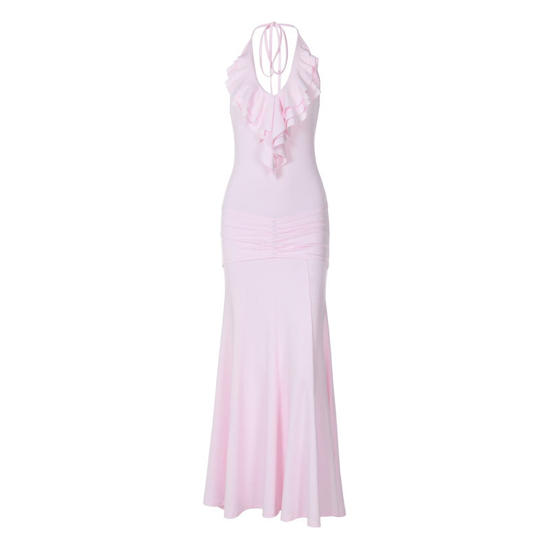 women's clothing summer new solid color slim high waist fashion halter neck sexy backless dress female
