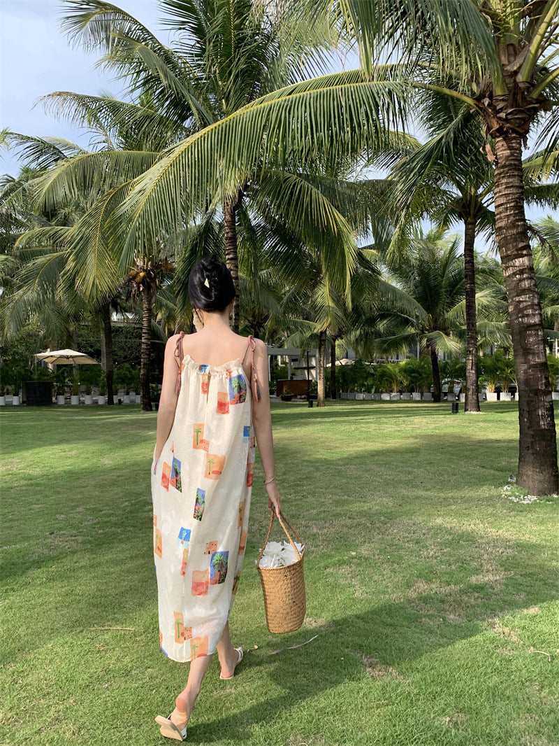 2025 double coconut tree summer holiday loose and slightly fat vacation beach dress colorful fringed suspender print dress women