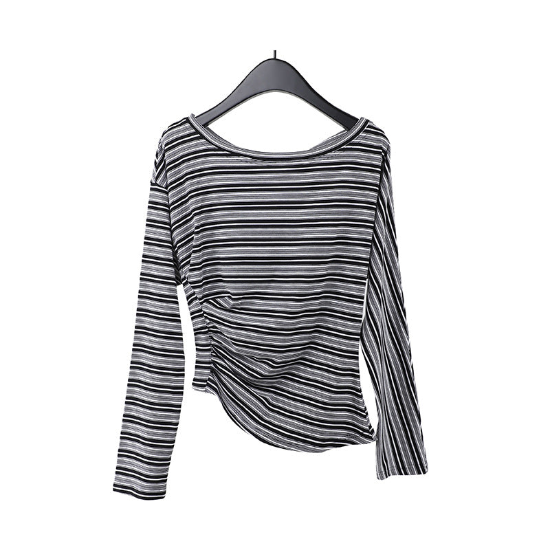 2025 Tencel striped contrasting color long-sleeved T-shirt women's 2025 spring new pleated versatile top T268