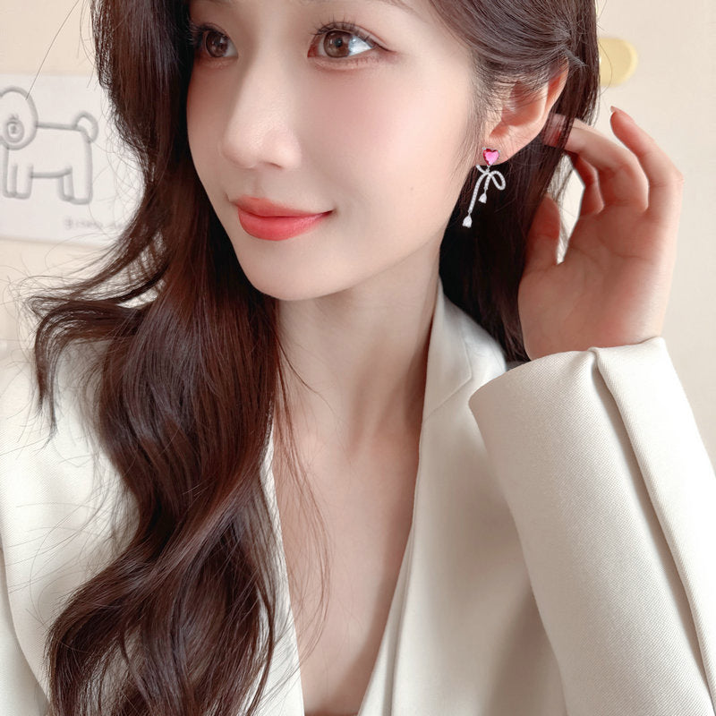 2025 Light luxury super fairy sweet love bow temperament earrings s925 silver needle micro-inlaid zircon fashion high-end earrings