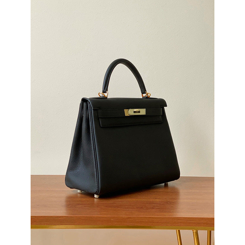 2025 new platinum bag lychee pattern first layer cowhide trendy Kelly single shoulder oblique span portable bag women