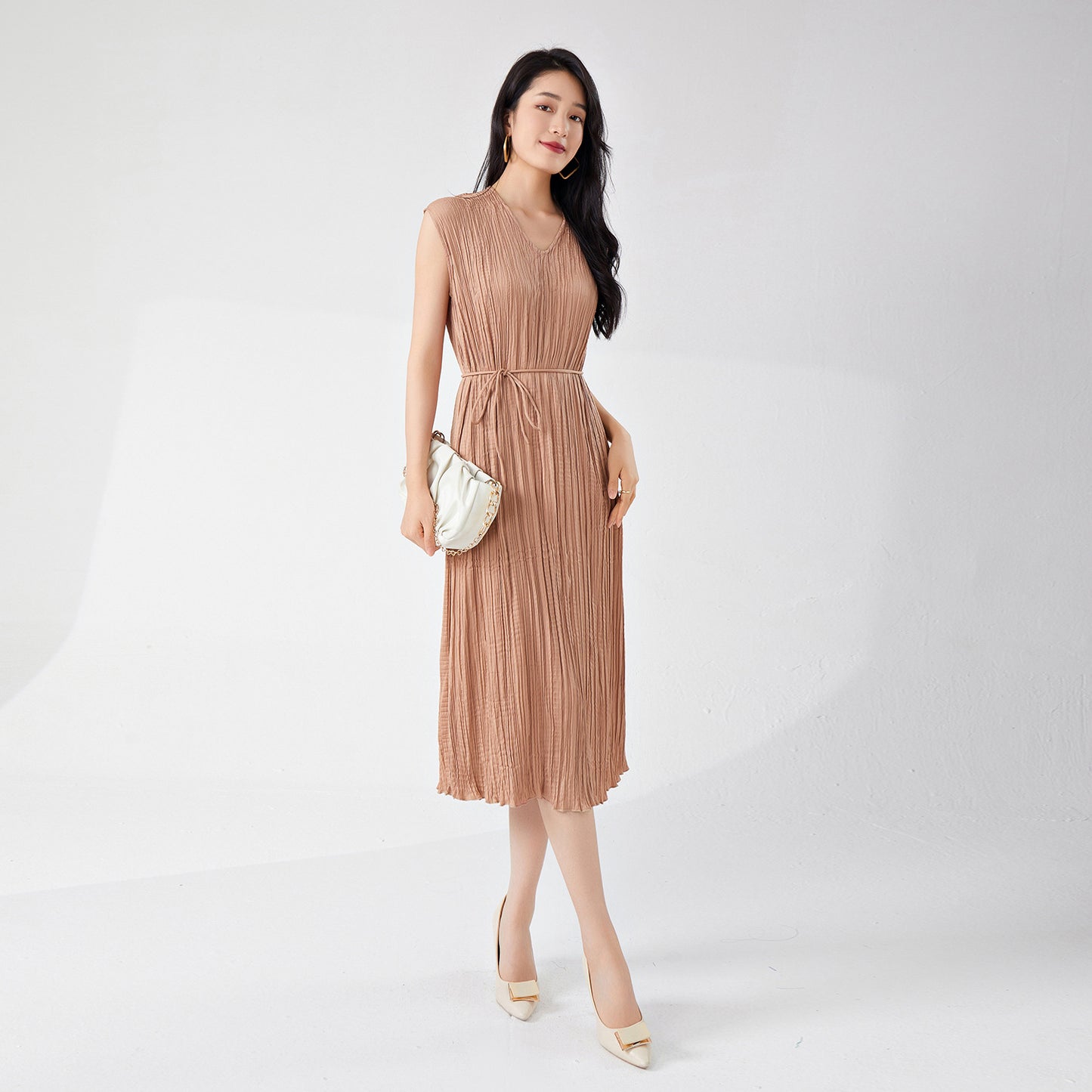 Women's clothing summer high-end wear loose large size lace-up and thin v-neck sleeveless a-word medium and long dress