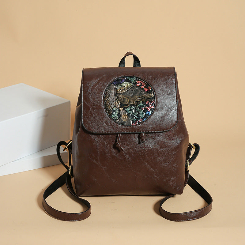 2025 Women's backpack new fashion printed casual women's bag large capacity soft leather retro bag simple shoulder bag women