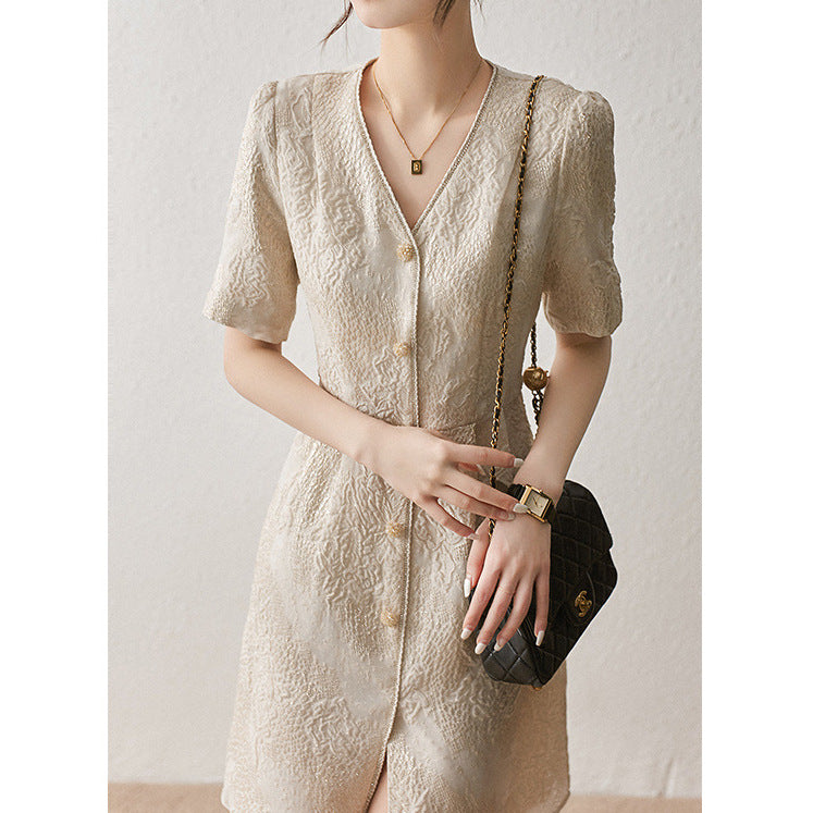 2025 Mulberry silk dress, new Chinese silk skirt summer new women's clothing waist and thin V-neck bubble sleeves