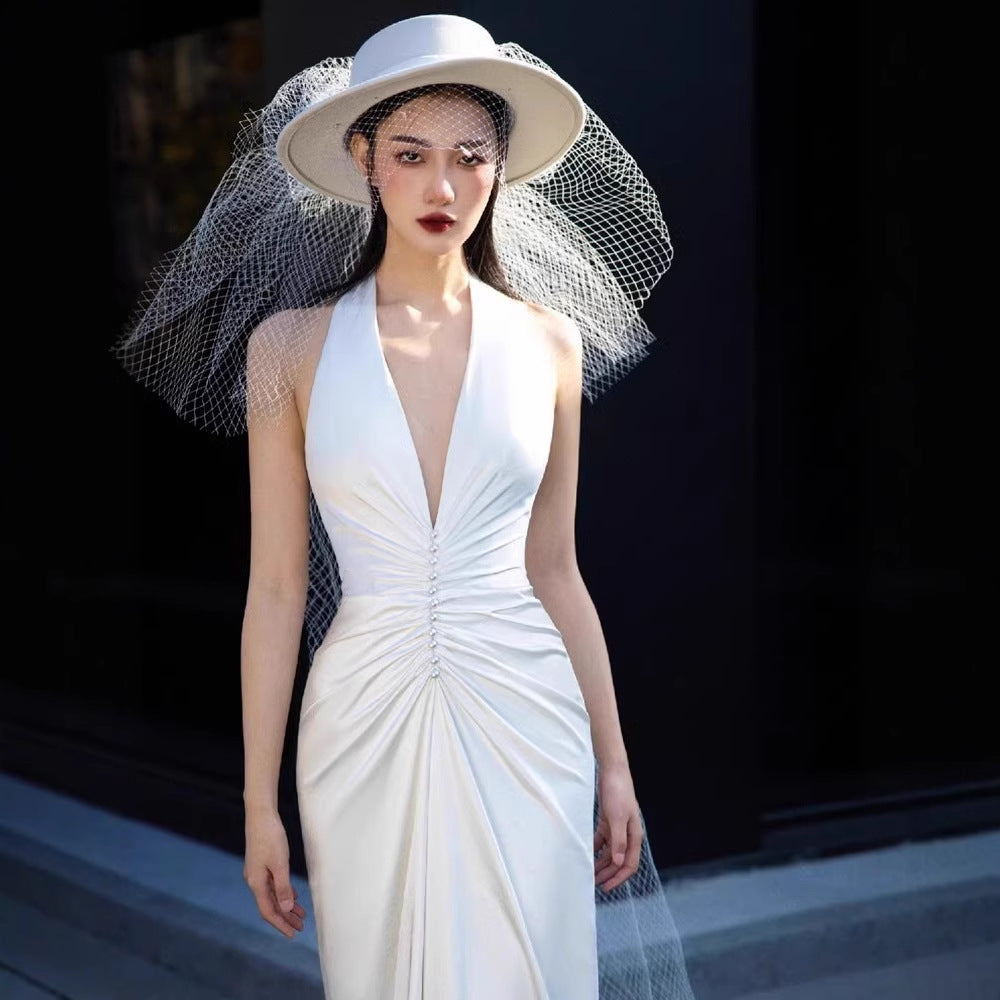 2025 light wedding dress slim bride wedding welcome v-neck sexy travel photography simple annual meeting dinner neck dress