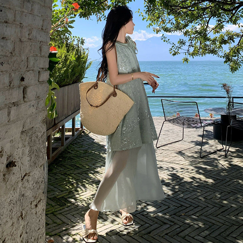 sequined holiday style skirt women's summer new bow sleeveless dress mesh stitching fake two-piece long dress