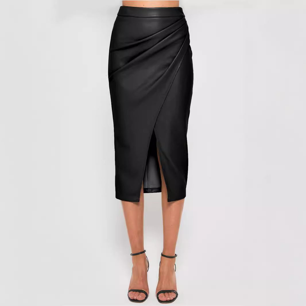 maoxiangshop-shop fall fashion outfits Women's Pu Split Skirt Autumn and Winter High Waist Zipper Pleated Leather Skirt Sexy Hip Skirt