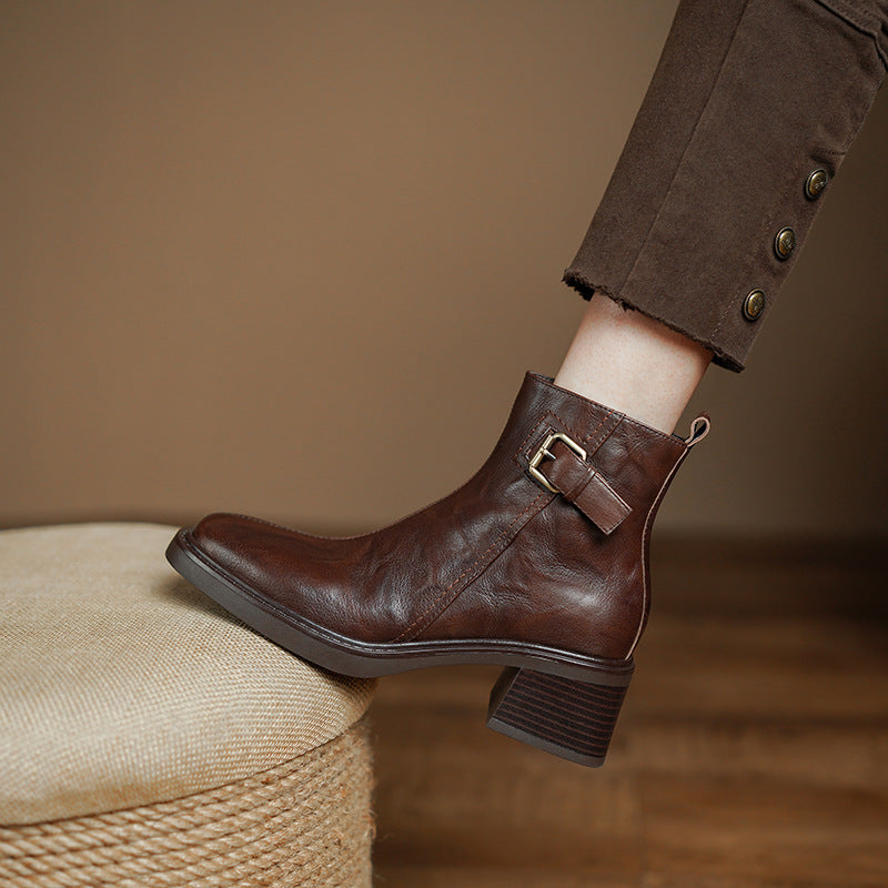 2025 retro square head medium heel thick heel belt buckle short boots femininity side zipper British retro and ankle boots