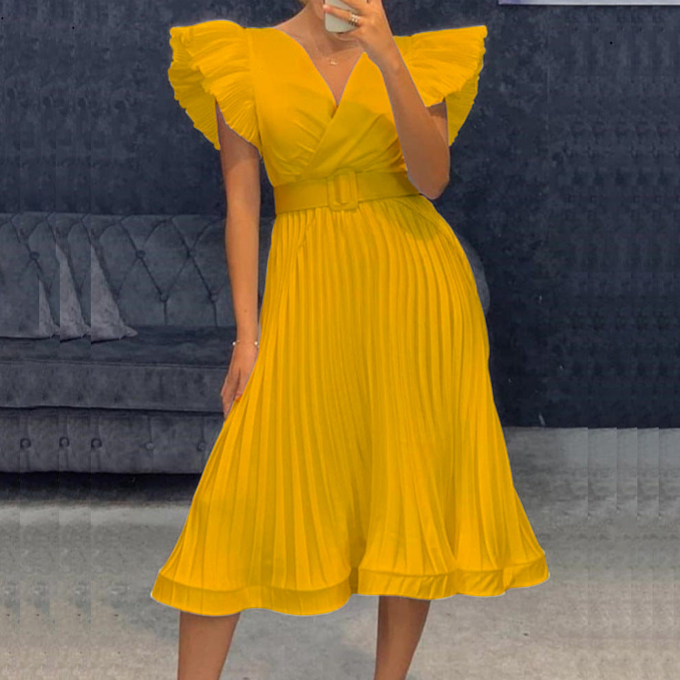 2025 D215 free belt 2025 new summer V-neck waist pleated temperament commuting Popular trade large size New dress