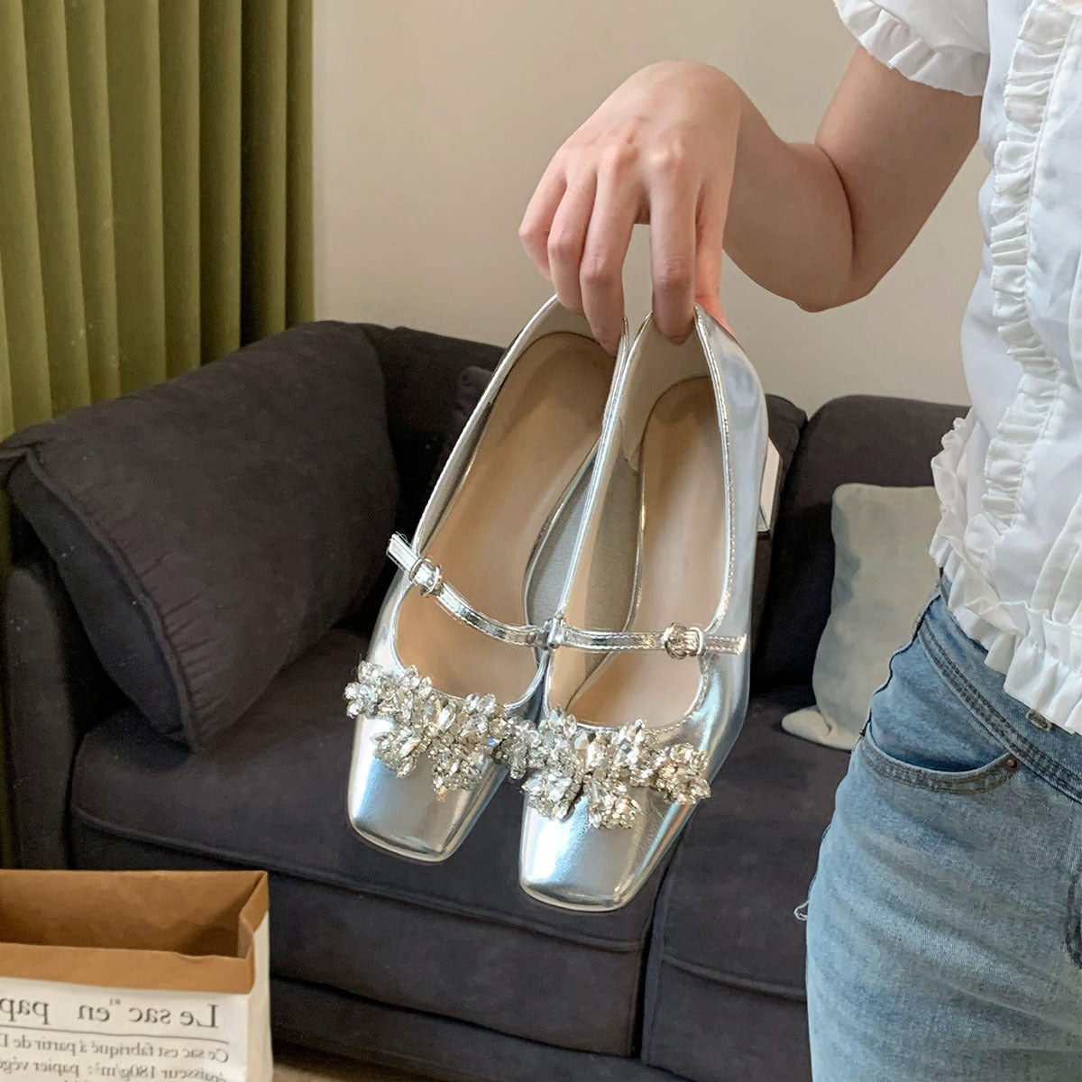 2025 rhinestone premium sense one word with Mary Jane shoes women's square head thick heel medium heel light mouth single shoes