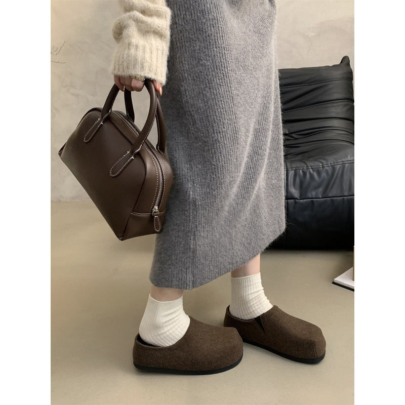 2025 Height-increasing thick-soled bag head half slippers women's popular new Internet celebrity muffin fluffy slippers women wear muller shoes