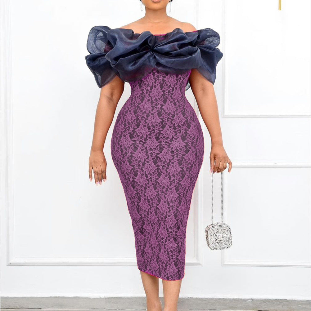 2025 D189 ebaypopular new one-word neck lace splicing mesh banquet dress dress 2025 dress