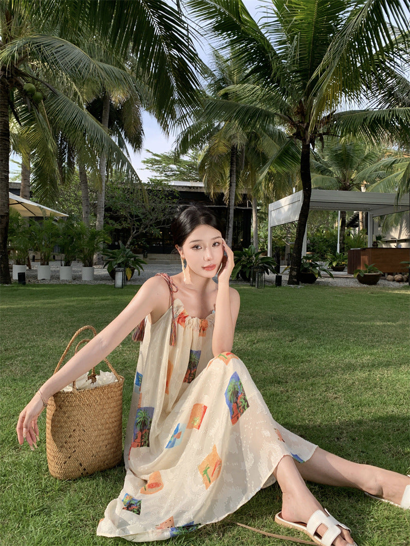 2025 double coconut tree summer holiday loose and slightly fat vacation beach dress colorful fringed suspender print dress women