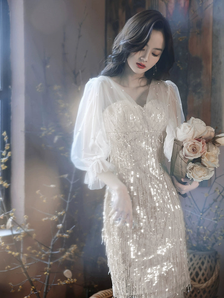 Golden small evening dress skirt women new banquet temperament small light luxury niche annual meeting sequined host
