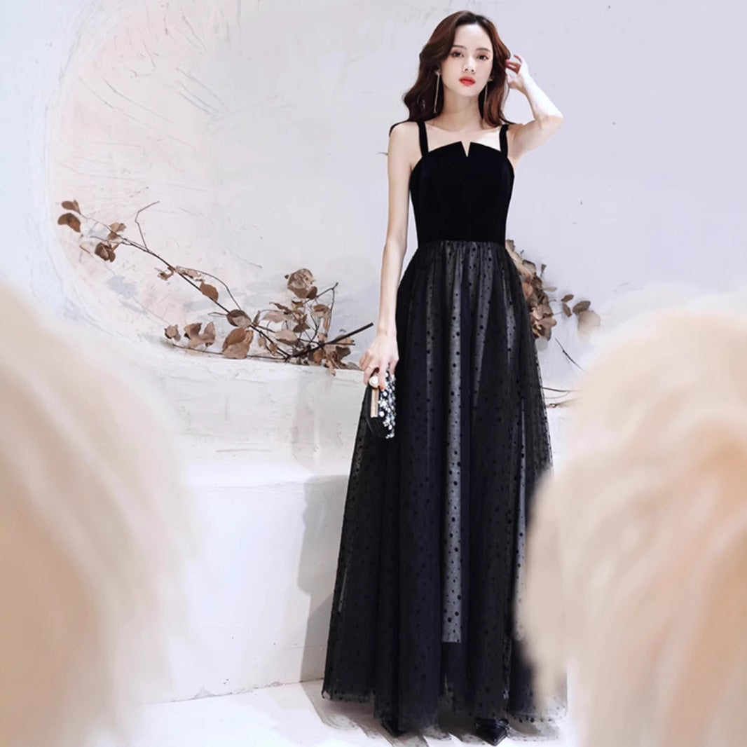2025 Host evening dress new black temperament high-end light luxury niche birthday party long art test skirt woman