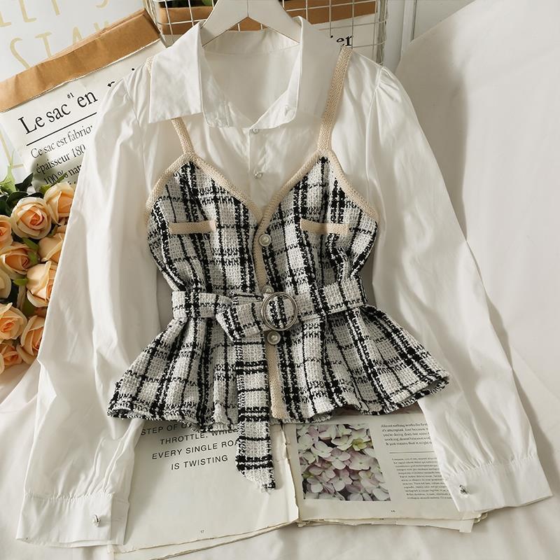 maoxiangshop-shop work outfits women Korean Style Retro Contrast Color Stitching Tweed Fake Two-Piece Shirt Women's Autumn High Waist Lace-up Slim Lapel Long Sleeve Top