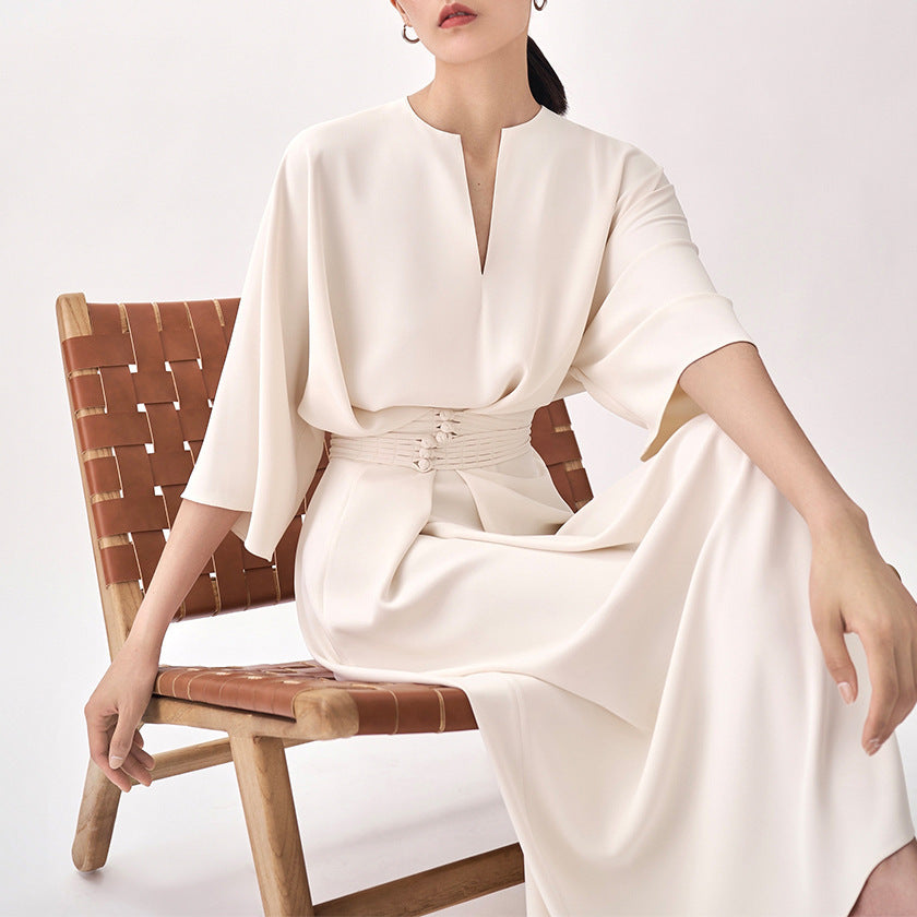2025 2022 summer new women's clothing retro national style handmade buckle solid color v-neck dress high waist thin solid color dress