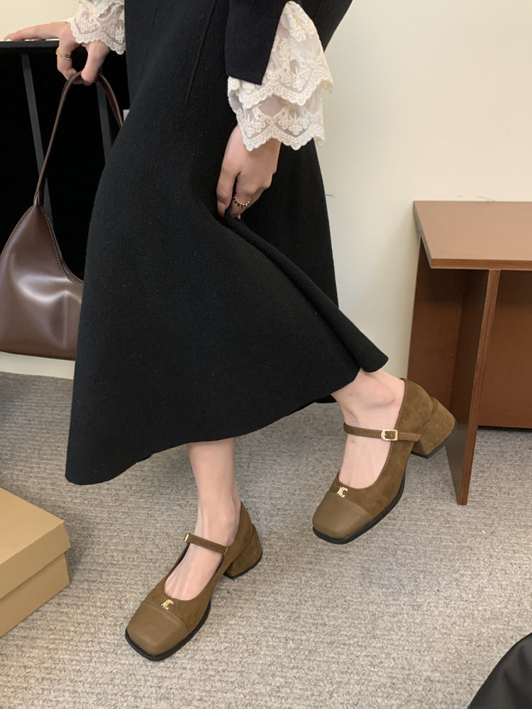 2025 Thick heel square head Mary Jane shoes suede popular new spring medium heel small leather shoes splicing one-word buckle strap single shoes women