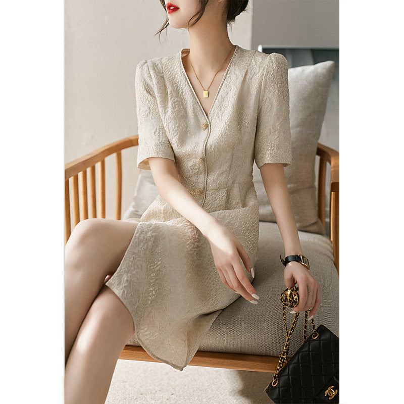 2025 Mulberry silk dress, new Chinese silk skirt summer new women's clothing waist and thin V-neck bubble sleeves