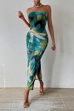 maoxiangshop 2024 Women's Clothing Spring and Summer New Tube Top and Hem Slit Sleeveless Printed Dress