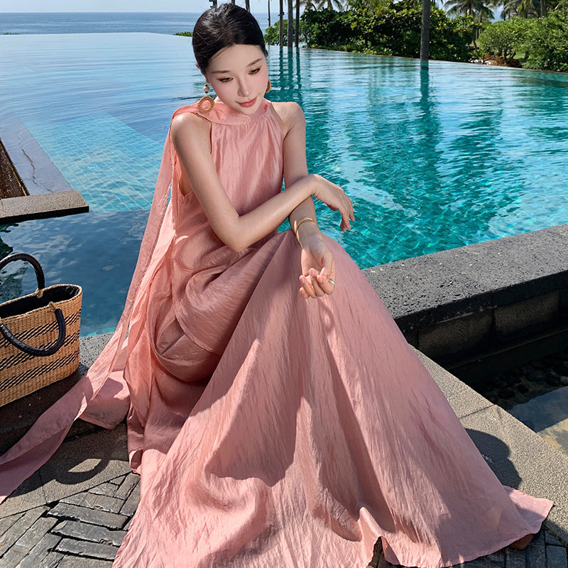Seaside vacation Sanya travel wear high-end fairy temperament streamer sleeveless neck dress loose long dress