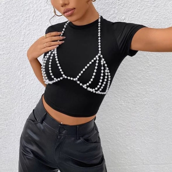 F4870Y 2025 vest sexy versatile pearl chain splicing neck halter top chest wrap small vest body chain