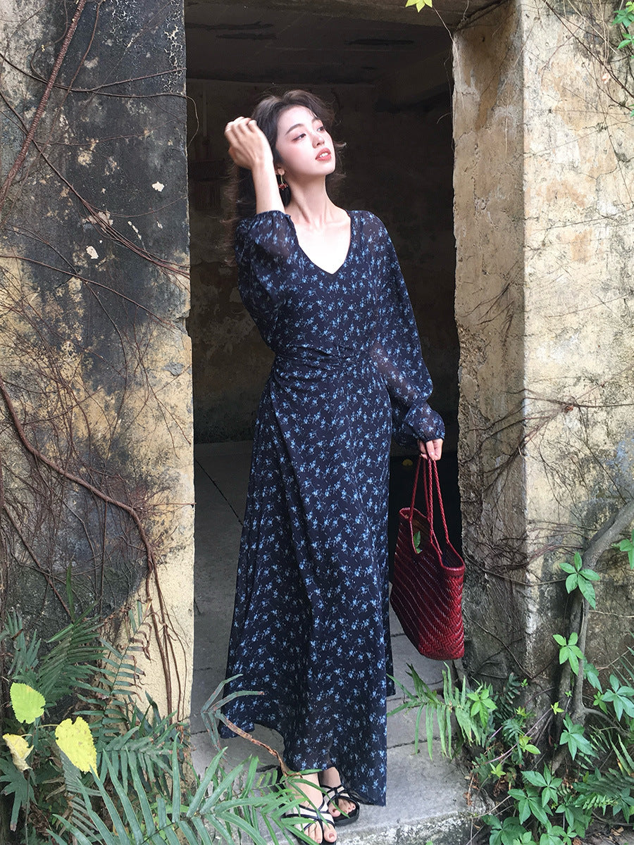 2025 Spring New Temperament Printed Retro High Waist Long Sleeve Skinny Dress 88202